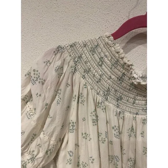 Hatch Leona Dress Womens Small Cream Green Floral Puff Sleeve Smocked Babydoll - Picture 4 of 6